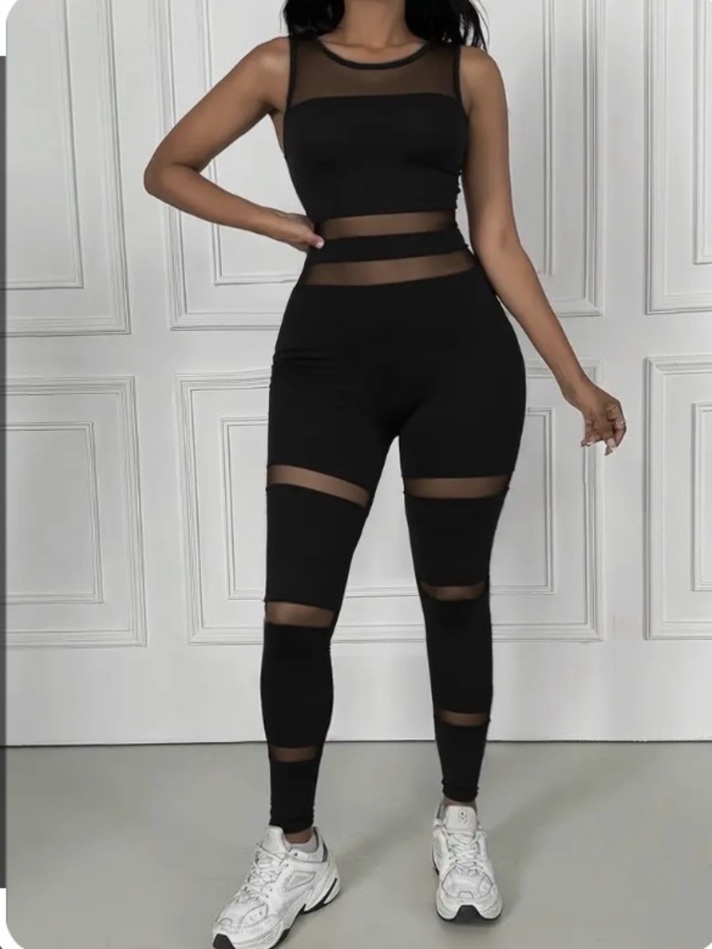 Women’s Black Mesh-Panel Jumpsuit